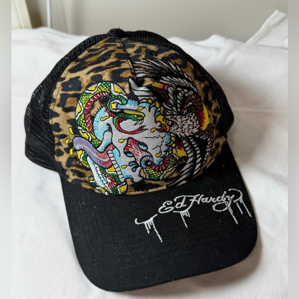 Ed Hardy Skull Eagle Snake Black and Leopard Cap with Colorful Embroidery
